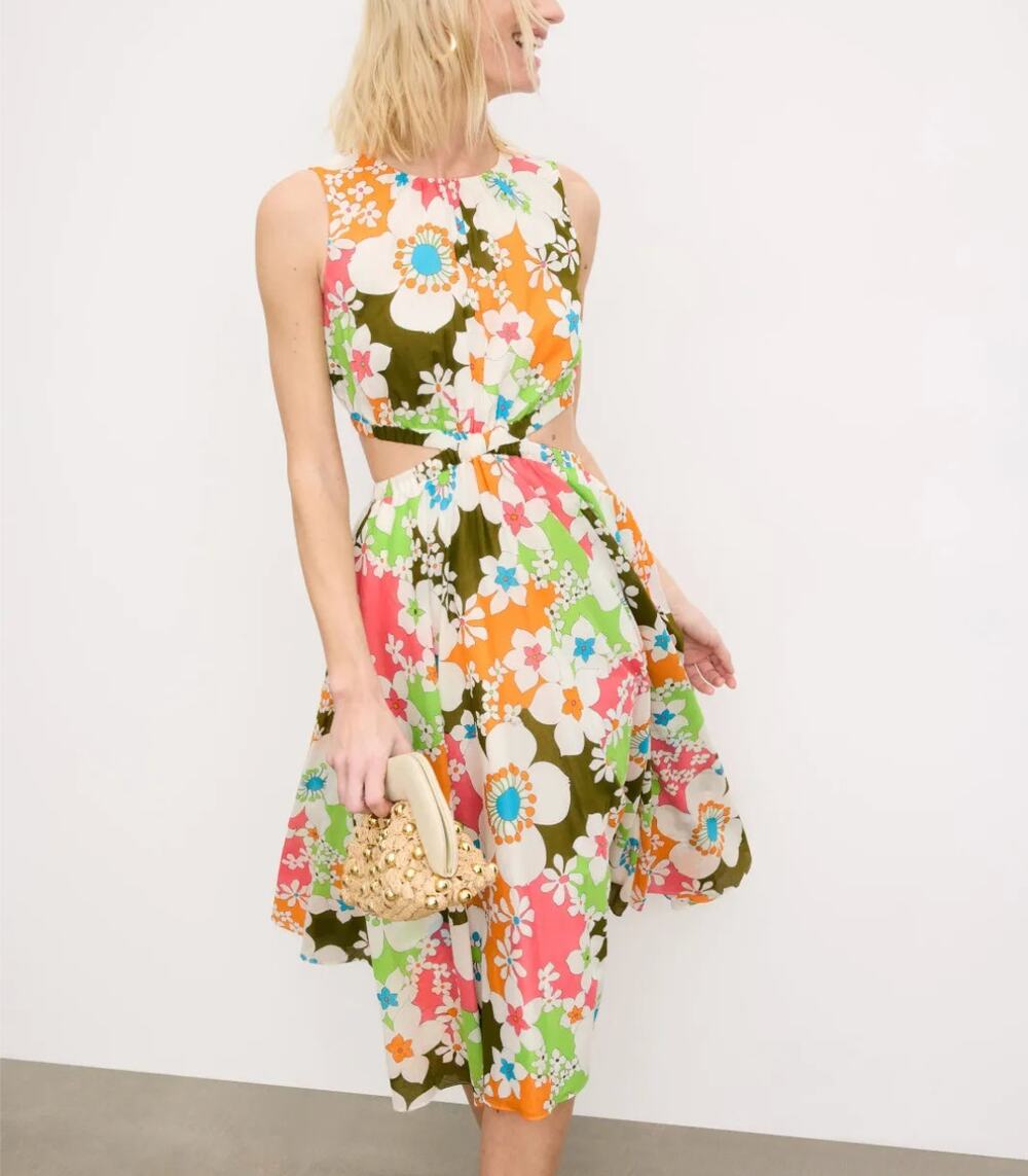 Trina Turk Mod Floral Fit Flare Midi Dress SMALL Cut Out Cotton Vacation $400